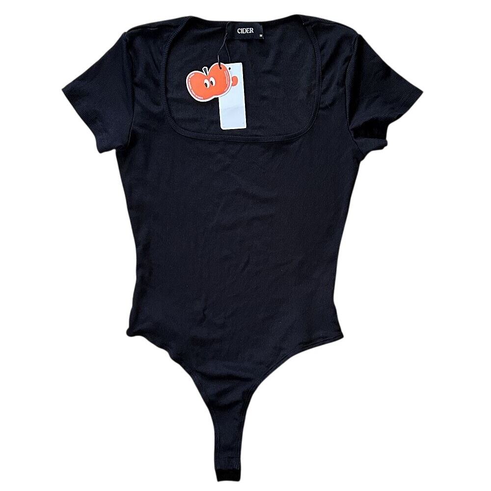 NWT Cider Square Neck Short Sleeve Black Bodysuit Medium